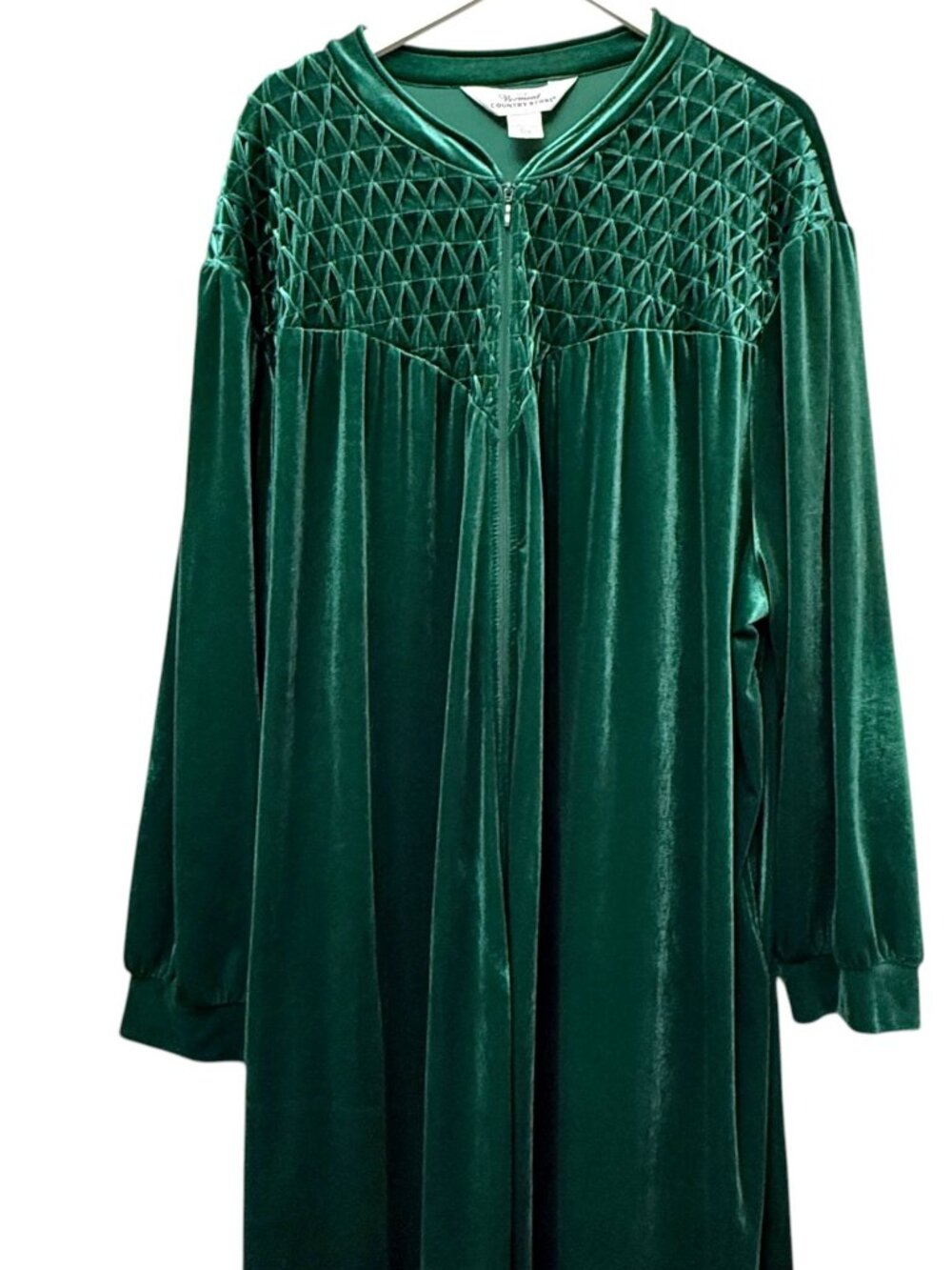 The Vermont Country Store Velvet Robe Plus Size 3X Green Long Zip Front Lounge